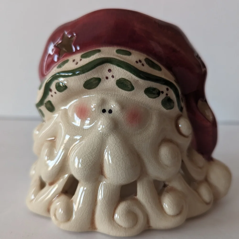VTG Ceramic Santa Head Tea Light Votive Candle Holder W/Stars‎ And Tree Cut-Outs